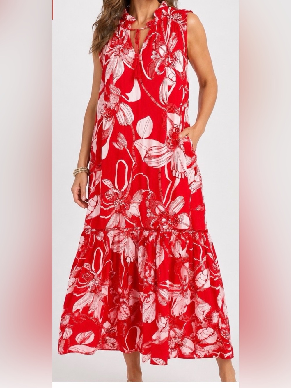 Chico’s Red Pink Floral Sleeveless Tassel Tie Maxi Dress Size L